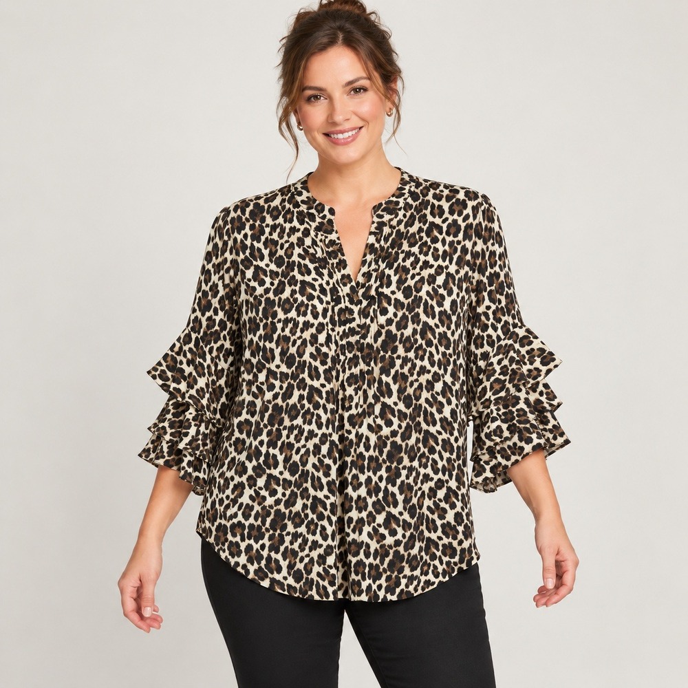 Vince Camuto Animal Print Top Women Large Leopard Ruffle Bell Sleeve Office Chic
